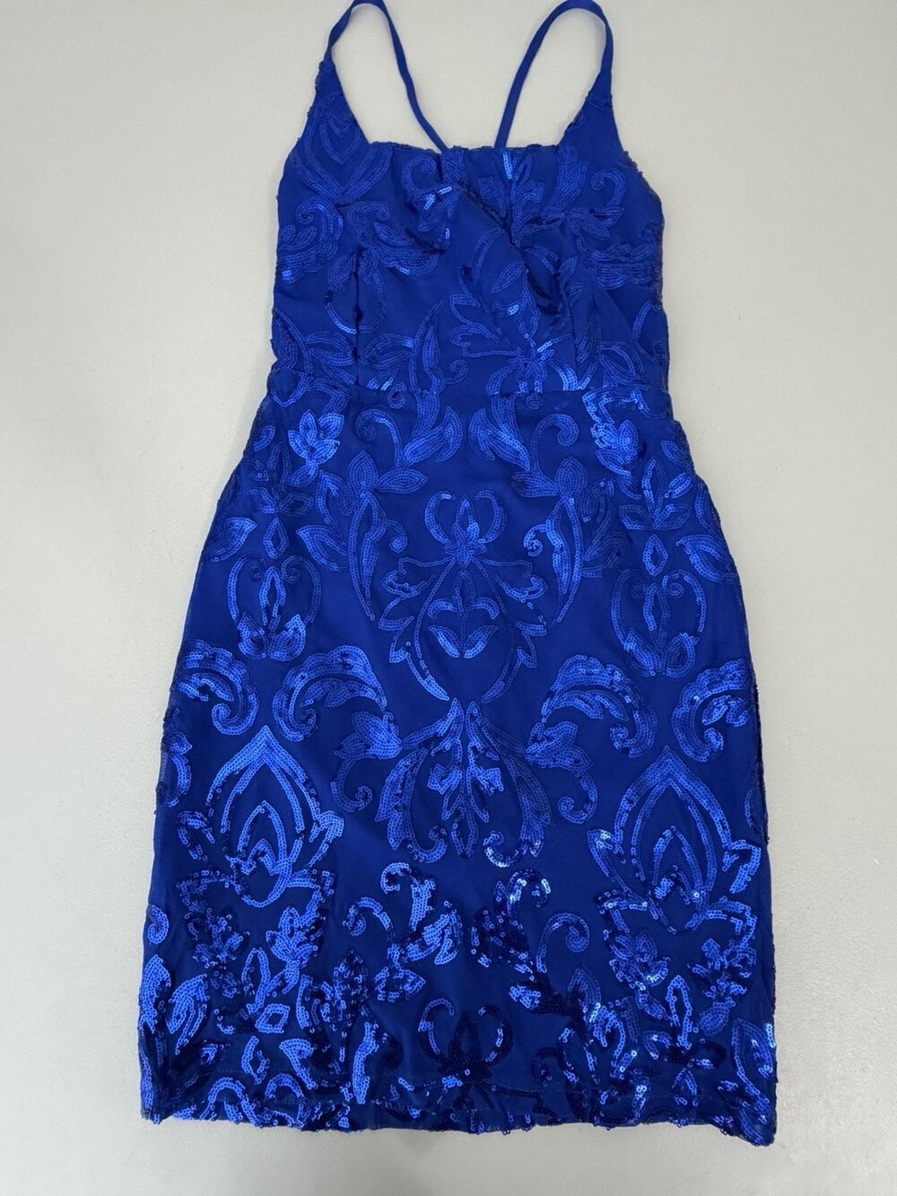 Windsor Leila Sequin Bodycon Mini Dress Small Royal Blue Sequin Scroll Strappy
